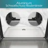 A shower tray with a close-up view of the corner profiles and text overlay. Produktbild-Vorschau