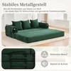 A green sofa bed is shown in a living room setting, with text overlays highlighting its features. Produktbild-Vorschau