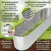A raised garden bed made of corrugated metal, shown in an outdoor setting with grass and soil. Text overlays highlight product features. Produktbild-Vorschau