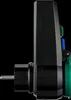 Side view of a black electrical plug adapter with green and blue accents, set against a black background. Produktbild-Vorschau