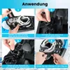 A collage of four images showing how to put on and secure snowshoes. Produktbild-Vorschau