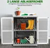 A garden cabinet with various gardening tools and accessories displayed inside and on top. Produktbild-Vorschau