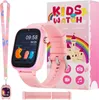 A pink smartwatch for kids is displayed next to its packaging, which features a castle and rainbow graphic. A lanyard with a charm is also included. Produktbild-Vorschau