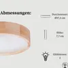 A close-up of a wooden ceiling lamp with measurement details and icons. Produktbild-Vorschau