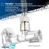 A close-up of a Tecuro backflow preventer attached to a water valve, with product information text and logos. Produktbild-Vorschau
