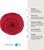 A rolled-up red fitted sheet is shown next to a list of product features and certifications. Produktbild-Vorschau