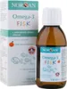 A product shot of a bottle of Norsan Omega-3 Fisk liquid supplement next to its packaging. Produktbild-Vorschau