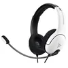 A white and black gaming headset with a microphone.