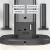 Close-up of the back and sides of a soundbar speaker with labels indicating ports and features. Produktbild-Vorschau