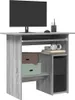 A computer desk with a monitor, keyboard, mouse, computer tower, headphones, and storage boxes. Podgląd zdjęcia produktu