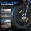 Close-up of an e-bike wheel with marketing text and images of different terrains. Voir les images du produit