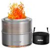 A stainless steel fire pit with flames and a black carrying bag. Produktbild-Vorschau