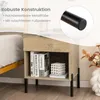 A close-up of a wooden nightstand with books and a decorative item on its shelf, next to a bed. The image also includes text highlighting product features and a close-up of a metal leg. Produktbild-Vorschau