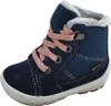 A single blue child's boot with pink laces and gray fur trim, isolated on a white background. Produktbild-Vorschau