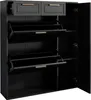 A black shoe cabinet with two drawers and multiple shelves, shown with its doors open. Podgląd zdjęcia produktu