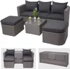 A collage of images showing a modular outdoor furniture set, including a sofa, ottomans, and a coffee table, as well as a storage bench. Produktbild-Vorschau