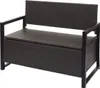 A dark gray poly-rattan bench with a storage compartment and black metal frame, shown against a white background. Voir les images du produit