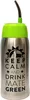 A stainless steel thermos with a green lid and a black straw, featuring text and a toucan logo. Produktbild-Vorschau