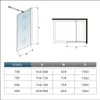 A diagram showing dimensions and a size chart for a shower screen. Produktbild-Vorschau
