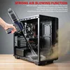 A hand is holding a blue and gold handheld vacuum cleaner and using it to blow dust out of a computer case. Dust is shown blowing out of the case. Produktbild-Vorschau