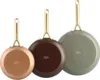 Three frying pans of different sizes and colors are shown from the bottom with their handles pointing upwards. Produktbild-Vorschau