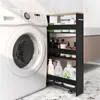 A slim rolling storage cart filled with cleaning and personal care products is placed next to a washing machine in a laundry room or bathroom. Podgląd zdjęcia produktu