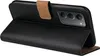 A black flip case for a smartphone, shown from a diagonal angle with the front flap open. Produktbild-Vorschau