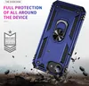 A blue phone case with a ring holder is shown in a dynamic, action-oriented scene, with debris flying around it, suggesting durability and protection. Produktbild-Vorschau