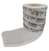 A roll of white tape with black text printed on it, partially unrolled. Produktbild-Vorschau