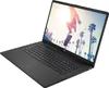 A black HP laptop is shown from a diagonal angle, with its screen displaying a vibrant image of a skateboarder in mid-air against a backdrop of palm trees and buildings. Produktbild-Vorschau