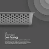 A close-up of a grey perforated storage basket with text describing its features. Anteprima dell’immagine prodotto