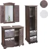 A set of bathroom furniture including a vanity, a tall cabinet, and a wall mirror with shutters, all in a rustic brown finish. Náhľad obrázku produktu