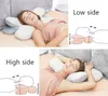 A collage showing a woman sleeping on a pillow, with diagrams illustrating different sleeping positions and measurements. Produktbild-Vorschau