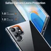 A clear phone case is shown on a dark background, highlighting its protective features for the camera and screen bezels. Voir les images du produit