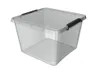 A clear, studio shot of a transparent plastic storage container with black handles, isolated on a white background. Produktbild-Vorschau
