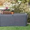A dark gray storage box with a wicker-like texture sits on a green lawn, with potted plants on top and a flowering bush in the background. Produktbild-Vorschau