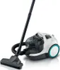 A white and teal cylinder vacuum cleaner with a black hose and handle is shown on a white background. Anteprima dell’immagine prodotto