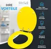 A yellow toilet seat and lid are displayed with marketing text and icons highlighting product benefits. Produktbild-Vorschau