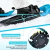 Close-up of snowshoes being worn in the snow, with feature callouts. Produktbild-Vorschau