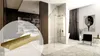 A modern bathroom and bedroom interior with a product detail overlay. Produktbild-Vorschau