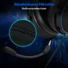 Close-up of a gaming headset's detachable microphone and braided cable, with marketing text overlay. Produktbild-Vorschau
