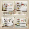 A collage of four images showing a white children's storage shelf in different room settings: living room, playroom, bedroom, and daycare. Produktbild-Vorschau