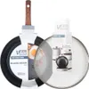 A frying pan and a pot lid are displayed together, with packaging. Produktbild-Vorschau