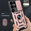 A hand is holding a rose gold phone case with a camera cover and ring holder. The background is dark and textured. Produktbild-Vorschau