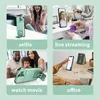 A collage of four images showing different uses of a turquoise phone case with a camera cover and stand. Produktbild-Vorschau