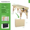 A product details page showing a massage table and its accessories, with dimensions and features listed. Produktbild-Vorschau