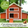 A wooden chicken coop with a ramp and a chicken in front of it, set in a grassy outdoor environment with trees in the background. Produktbild-Vorschau