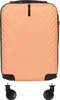A peach-colored suitcase with black accents and wheels, presented on a white background. Produktbild-Vorschau