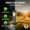 A garden lamp is shown in a split image, with one side depicting rain and the other a sunset. Feature callouts are present. Anteprima dell’immagine prodotto