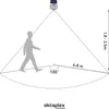 Diagram showing the detection range and installation height of an outdoor solar lamp with a motion sensor. Produktbild-Vorschau